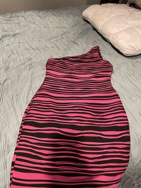 HeartSoul One-Shoulder Hot Pink and Black Striped Bodycon Dress